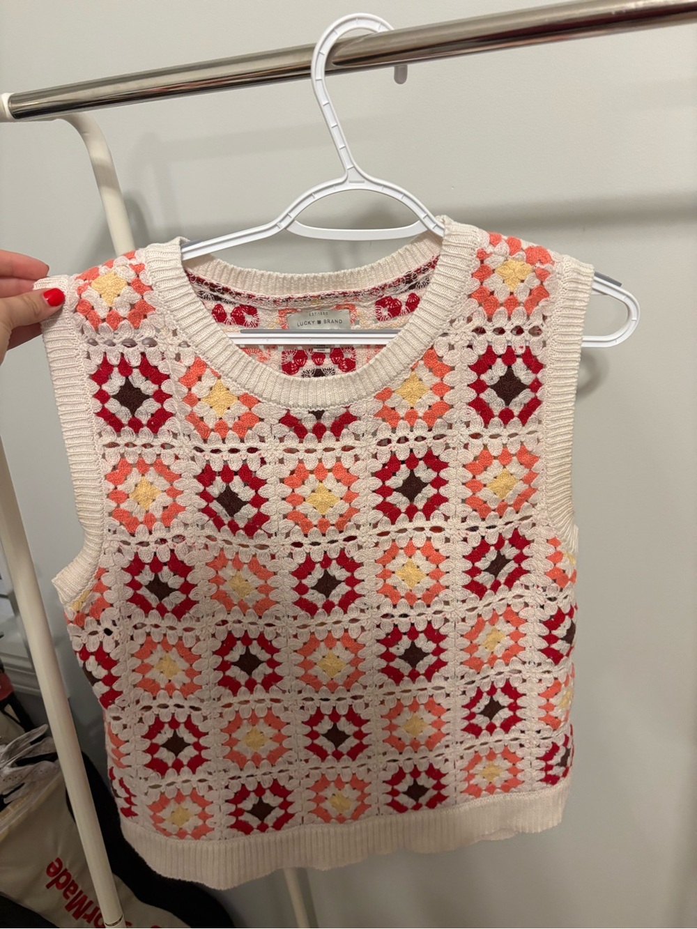 Lucky Brand: Crochet Granny Square Sweater Vest in Cream, Red & Pink